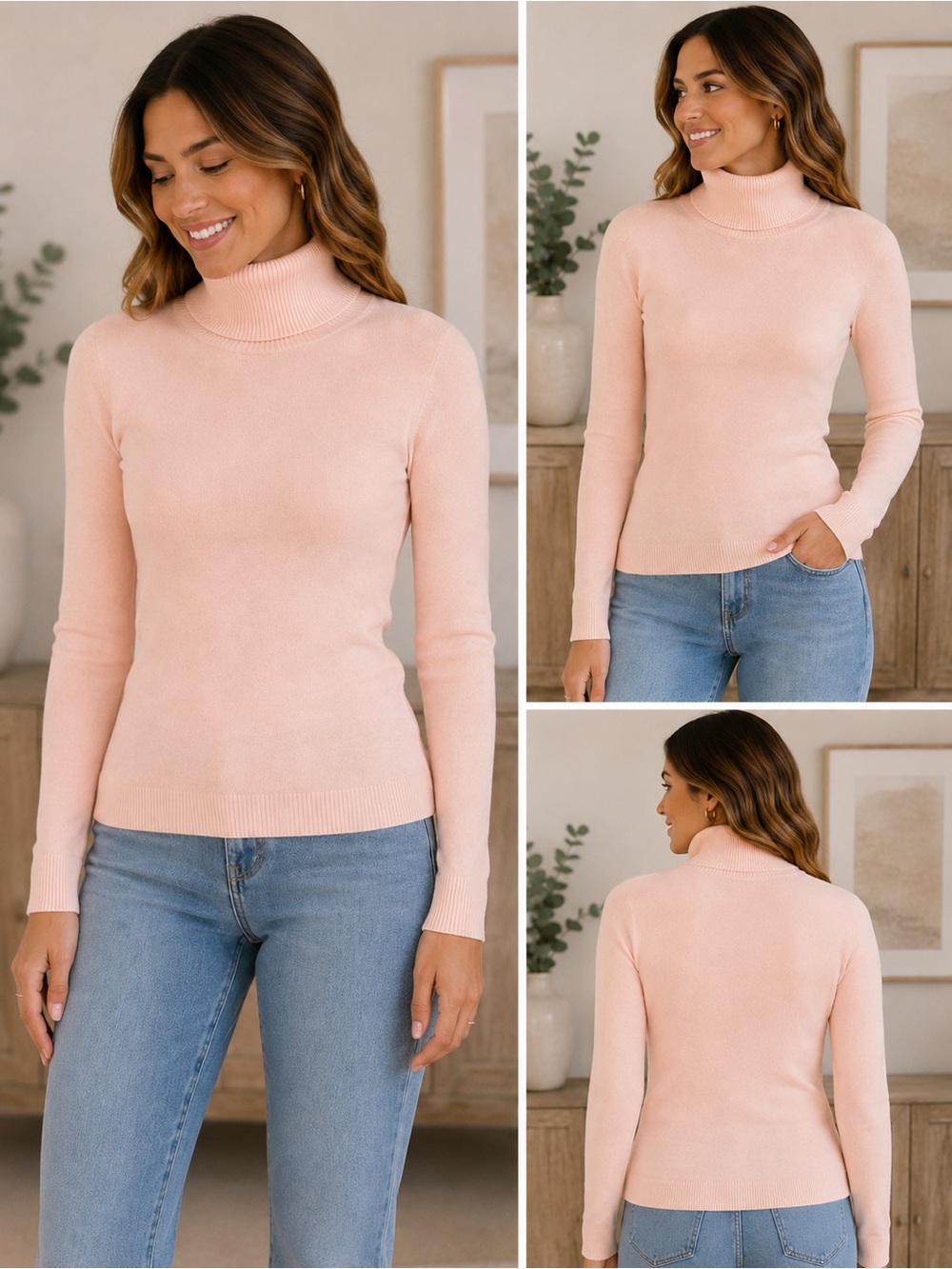 Lands’ End Blush Pink Lightweight Fitted Turtleneck Sweater Size M 10 12